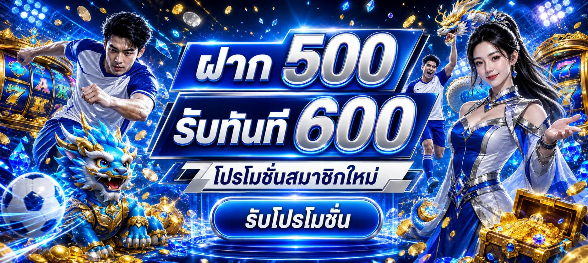 แบนเนอร์โปรโมชั่นฝากรับเครดิต FLIX333 โทนน้ำเงินทองพร้อมตัวละครเกม
